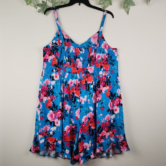 Torrid Sz 3X (22-24) Blue Floral Spaghetti Straps Ruffle Hem Romper Pockets NWT - Picture 9 of 12